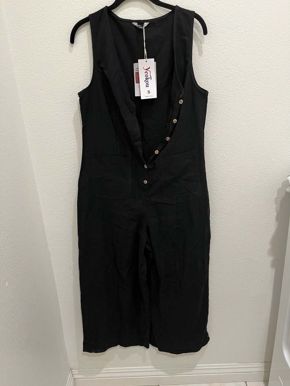 Women's Sleeveless Cotton Linen Blend V-Neck Button-Down Wide-Leg Jumpsuit - Picture 13 of 13
